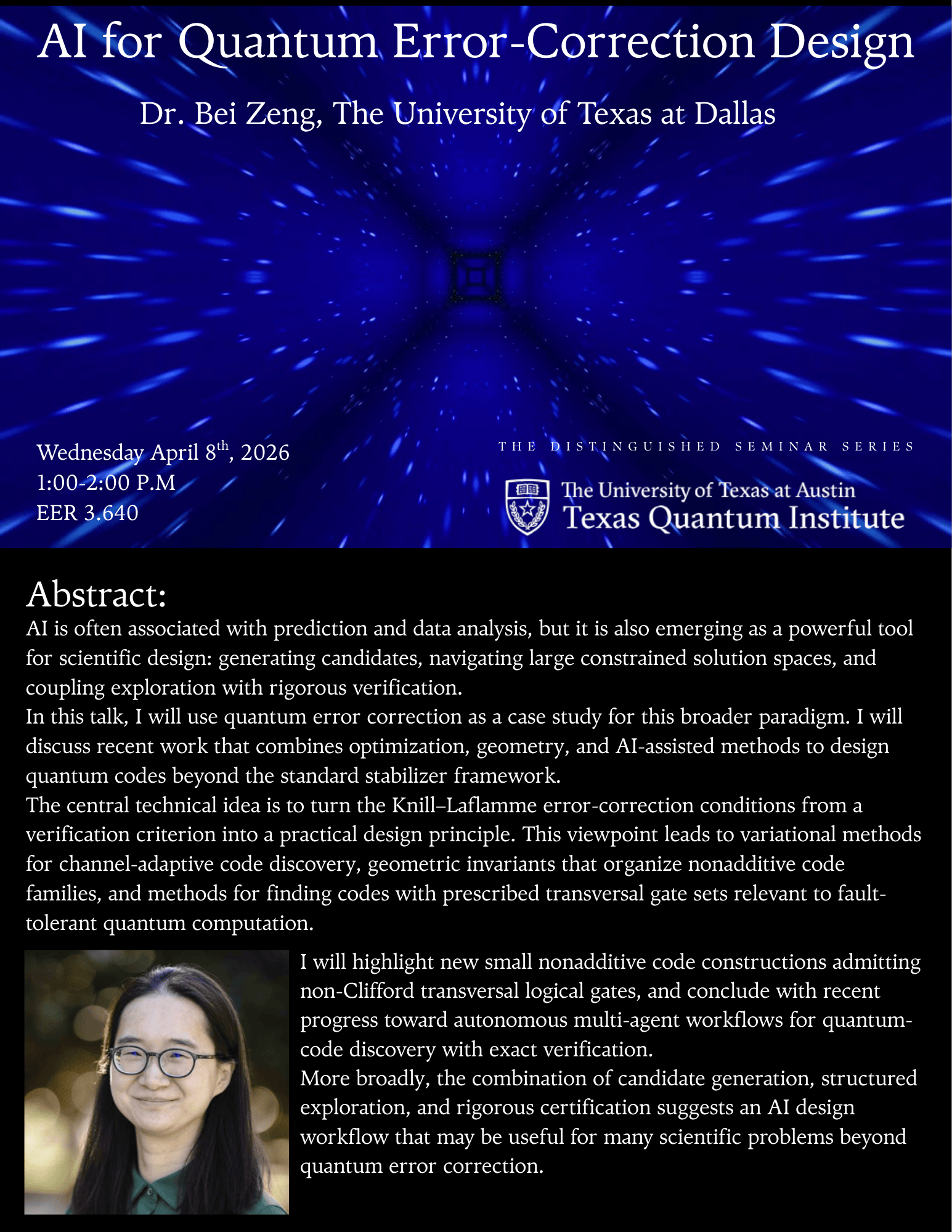 Flyer with Abstract Description and Picture of Speaker with Purple Atom Graphic and Black Background