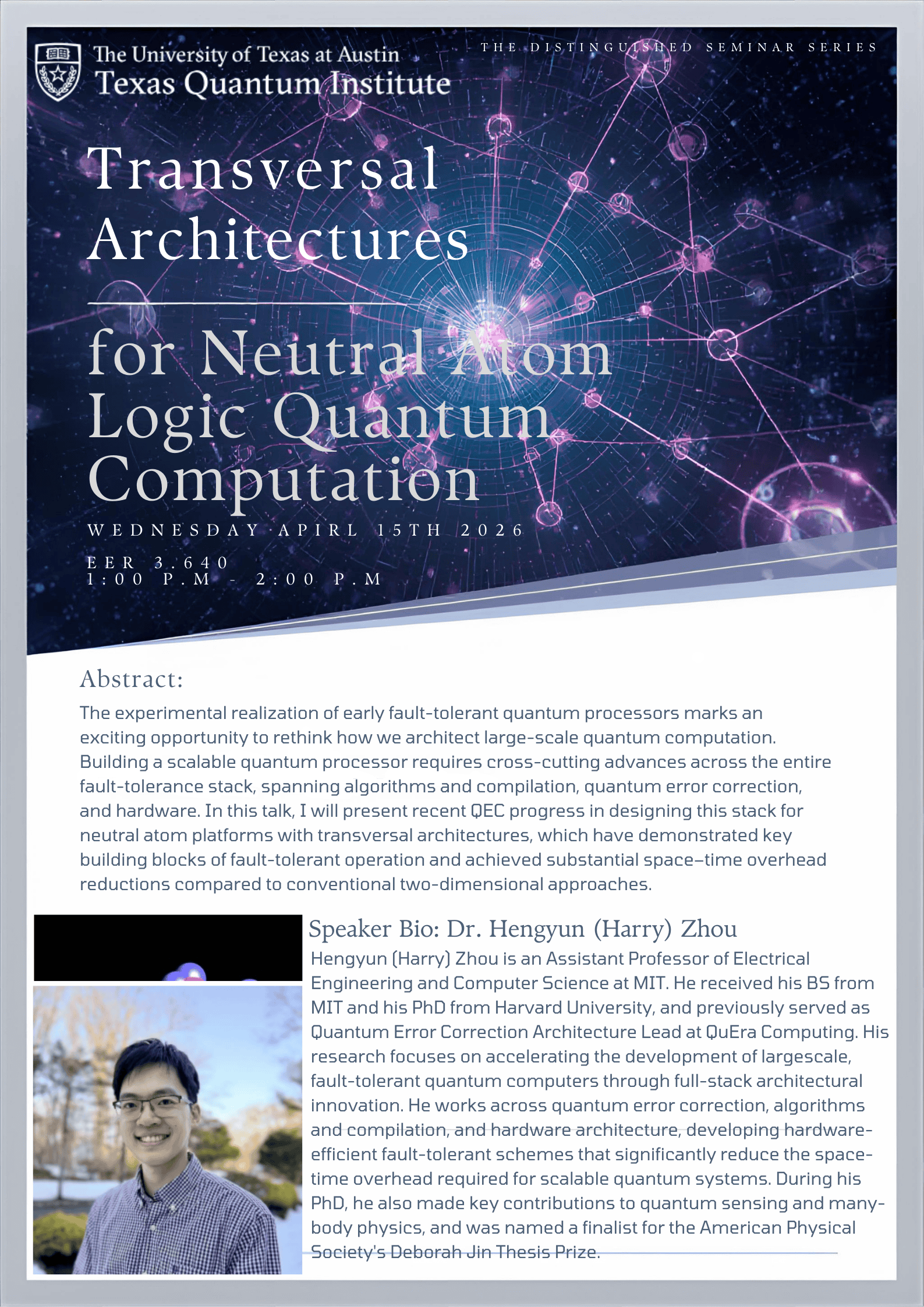 Flyer with Abstract Description and Picture of Speaker with Purple and Blue Atom Graphic and White Background