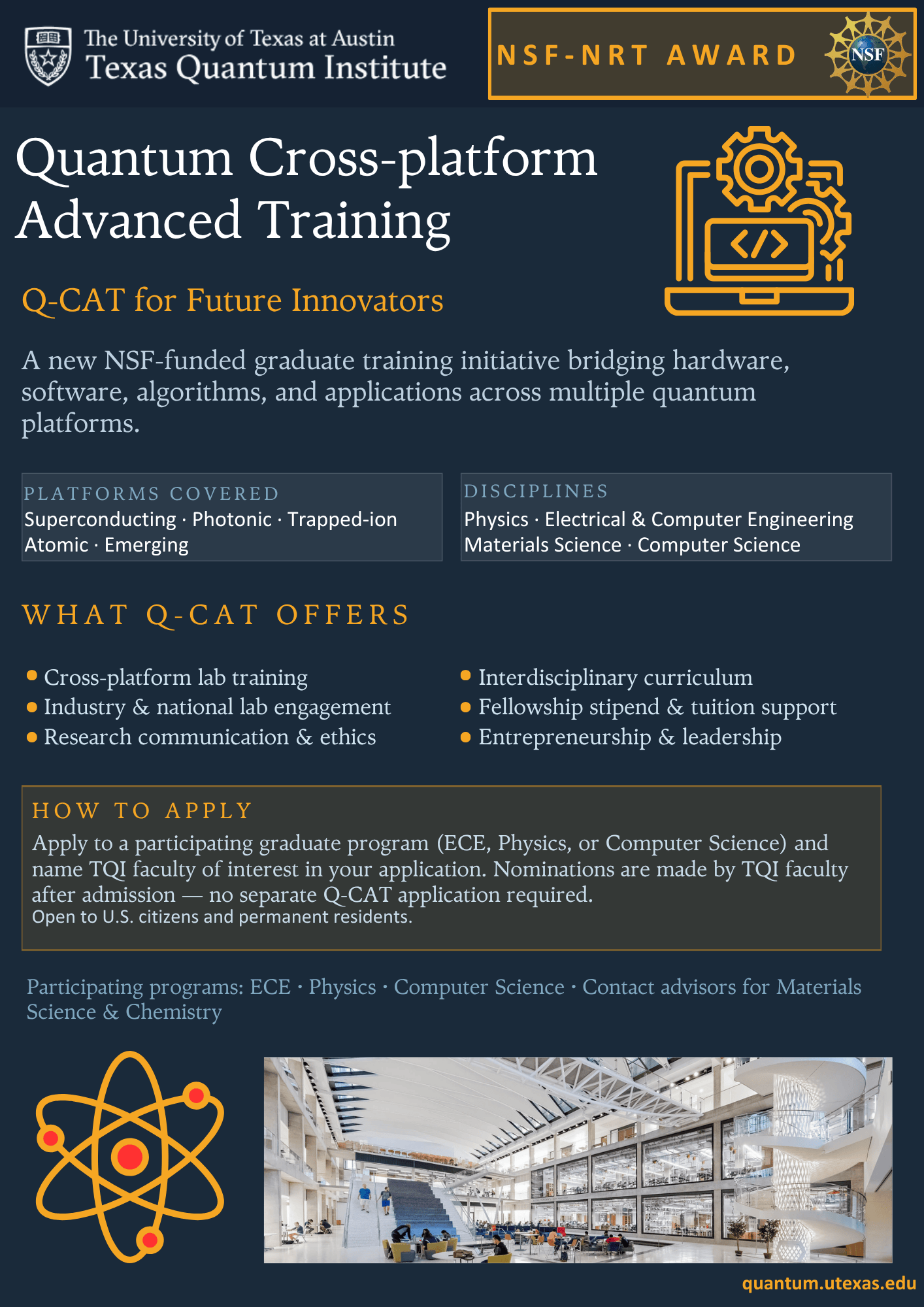 Flyer with Description of NSF-NRT: Q-Cat Program, Image of EER on Bottom, TQI and NSF-NRT Logo on Top, and Computer and Atom Graphic on Opposing Corners
