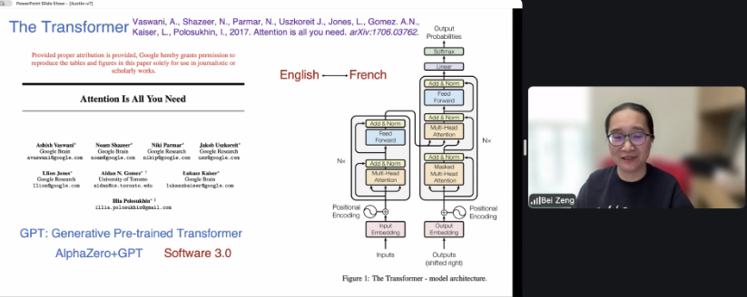 Dr. Zeng presenting a slide on Zoom on Transformer architecture for language translation