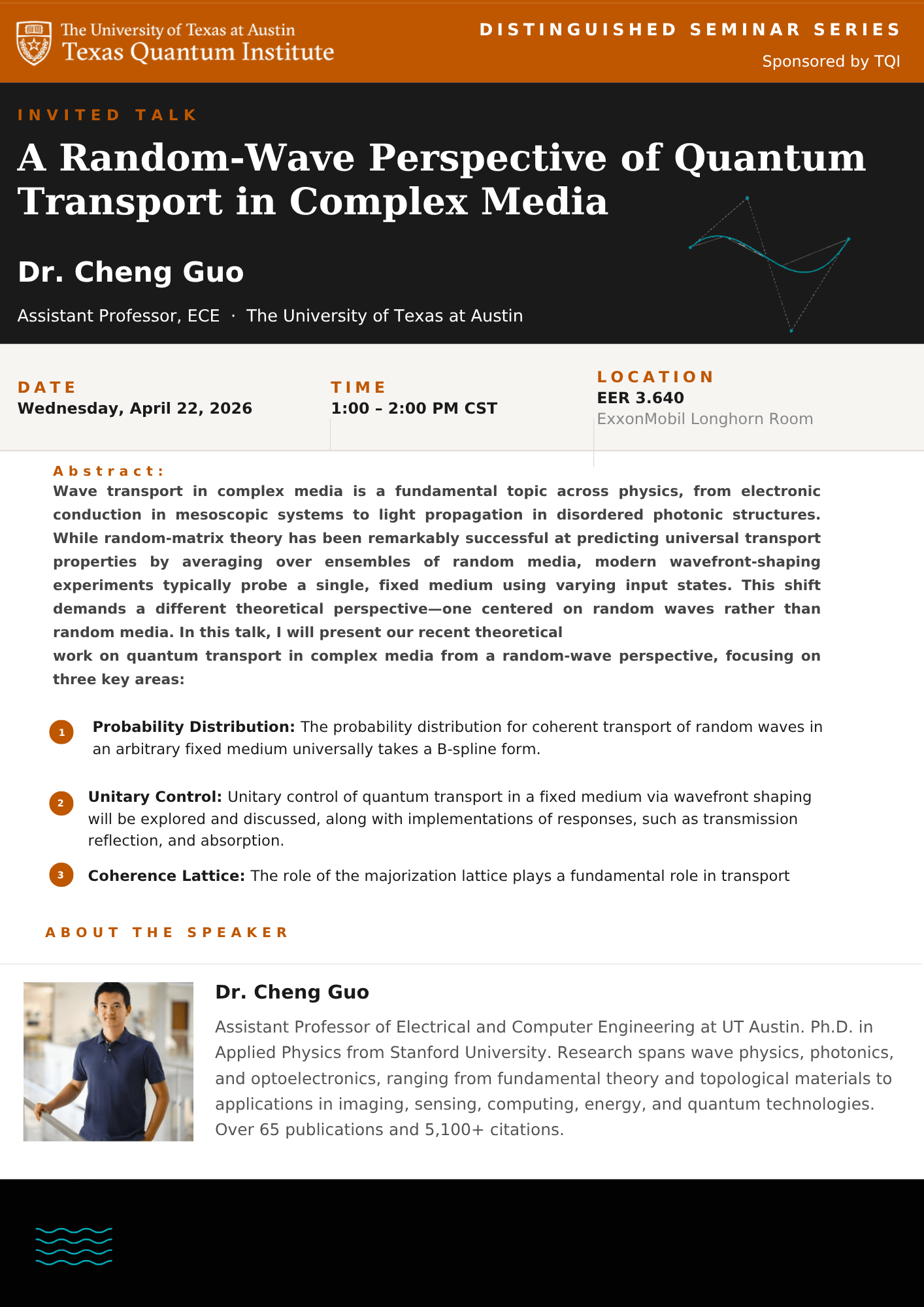 Flyer with Photo of Dr. Cheng Guo, Description of Abstract, and Graphic of B-Spline at the top right, TQI logo on the top left